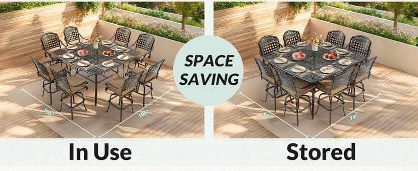 VIVIJASON 9-Piece High Patio Dining Set, Free-Rust Cast Aluminum Patio Bar Table and Chairs Set with 8 Swivel Bar Stools & 64" Bar Height Dining Table, Umbrella Hole for Backyard, Lawn, Garden