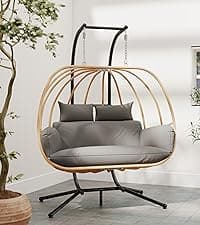 Double Egg Chair Outdoor, Egg Swing Chair with Stand, Hanging Egg Chair Outdoor with Cushions/Headrest, 80" H Hanging Chairs with Stand Indoor, Metal Basket Swing Egg Chairs for Deck, Khaki