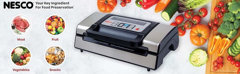 Nesco Deluxe Food VS-12 Vacuum Sealer, 130 Watts, Kit Bags & Viewing Lid, Compact, Silver