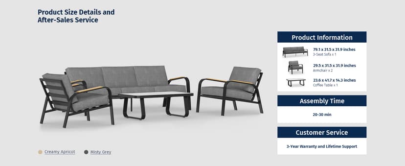 EAST OAK 5 Seats Patio Furniture Set, Waterproof Outdoor Patio Furniture with Thick Cushion, 4-Piece Outside Conversation Set with Coffee Table for Garden and Yard, Misty Grey