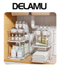 Delamu 2 Sets of 2-Tier Multi-Purpose Bathroom Under Sink Organizers and Storage, Stackable Kitchen Pantry Organization, Pull Out Medicine Cabinet Organizer with 8 Movable Dividers