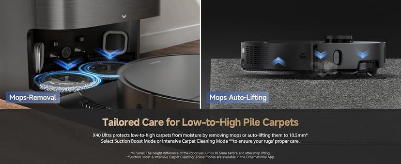 DREAME X40 Ultra Robotic Vacuum with Removable & Liftable Mop, 12,000Pa Suction, Side Brush Extensive Cleaning, 158°F Mop & Washboard Self Cleaning, Auto-Empty, Auto Refill, liftable Brushes