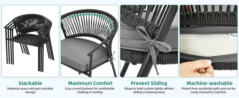 YITAHOME Outdoor Patio Chairs Set of 6, Stackable Dining Chairs Rattan Wicker Outdoor Patio Furniture Set with Cushion All Weather Bistro Chair for Garden Backyard Porch Poolside (Grey)