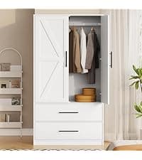 HOOBRO Farmhouse End Table with Charging Station, 23.6" Large End Tables for Living Room, Sofa Side Table with Barn Door, Wooden Square Nightstand Bedside Table, Flip Top, White and Walnut WH601UBZ01