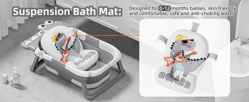 TPN Collapsible Baby Bathtub for Infants to Toddler with Real-time Temp Monitor+Floating Cushion,Foldable Baby Bath Tub Set Applicable 0-36 Month,Perfect Portable Travel Baby Tub for Newborns Boy