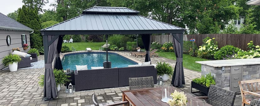 PURPLE LEAF 10' X 14' Permanent Hardtop Gazebo Aluminum Gazebo with Galvanized Steel Double Roof for Patio Lawn and Garden, Curtains and Netting Included, Grey