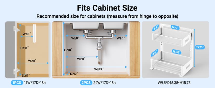 Pull-out Under Kitchen Sink Organizer, Metal Functional Under Sink Organizer, Height Adjustable Under Bathroom Sink Organizer, Under Sink Storage for Kitchen Bathroom Cabinet (White)