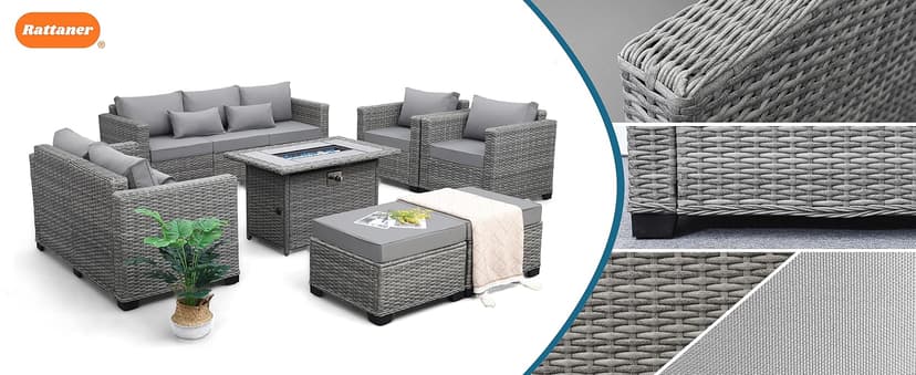 Rattaner 7-Piece Outdoor Furniture Sets Patio Furniture Set with 45-inch Fire Pit Patio Couch Outdoor Chairs 60000 BTU Propane Fire Pit Table with Non-Slip Cushions Waterproof Covers, Light Grey
