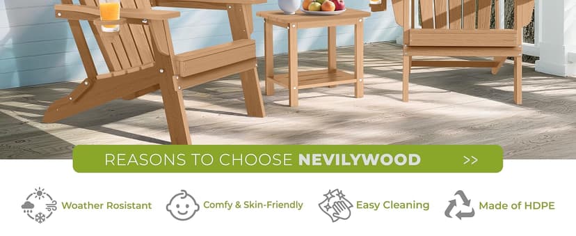 nevilywood Folding Adirondack Chair - Extended Ergonomic Backrest, Cup Holder - Easy Assembly - Durable HDPE Plastic, Weather Resistant & Maintenance-Free - Lawn, Patio, Deck Supports 400lbs Teak