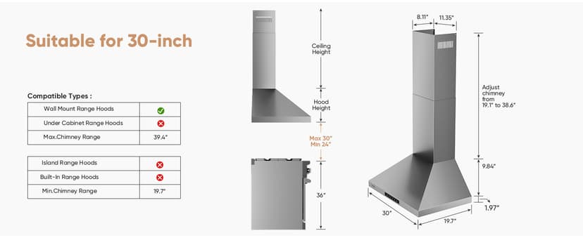 Wall Mount 30 Inch Range Hood 900 CFM, Ductless/Ducted Convertible Kitchen Hood, 3-speed Gesture Sensing & Touch Control, Stainless Steel Kitchen Vent Hood with Permanent Baffle Filters