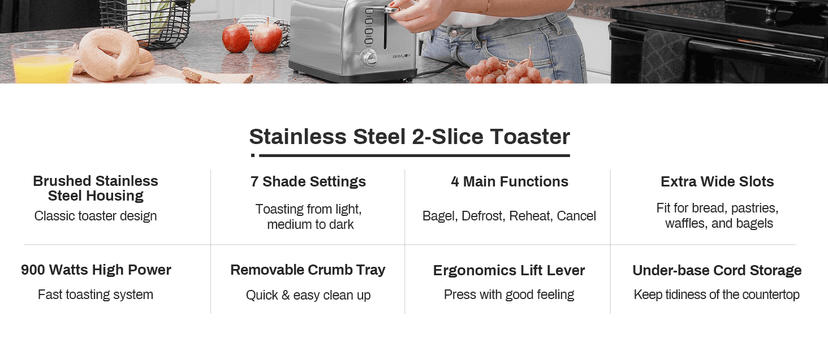 Toaster 2 Slice, Extra Wide Slot Toaster for Bagels, Bread, Waffles, 7 Shade Settings, 4 Main Functions, Removable Crumb Tray, 900 Watts Toasters, Brushed Stainless Steel