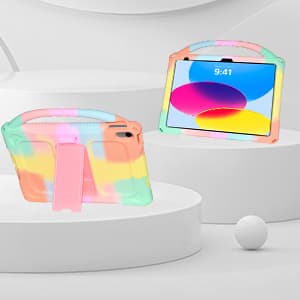 Adocham Kids Case for New iPad (A16) 11th Generation 11 Inch 2025/10th Generation 10.9 Inch 2022 Built-in Stand Handle,Lightweight Shockproof Silicone Kids Cover for iPad 10th/11th Gen (Rainbow)