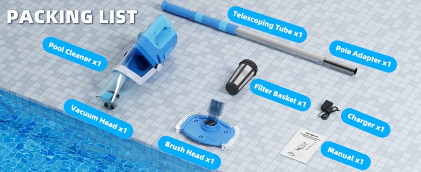 Cordless Pool Vacuum with Telescopic Pole, 26.5 gallons/min Powerful Suction, Handheld Rechargeable Swimming Pool Cleaner with 1H Running Time, Pool Vacuum for Above/In Ground Pools, Spas, Hot Tubs