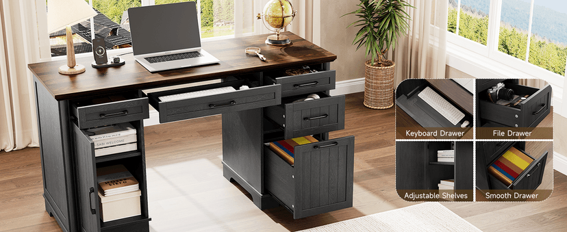 56" Large Modern Executive Desk, Farmhouse Computer Desk with File Drawers, Wood Home Office Desks with Charging Station, Adjustable Shelf, Storage Cabinet, for Writing Work Study (Black)