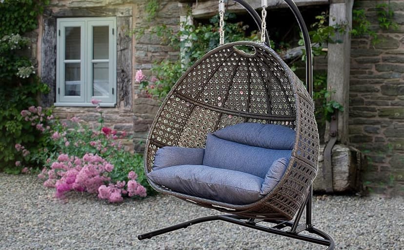 Double Egg Chair with Stand, 2 Person Heavy Duty Hanging Wicker Rattan Swinging Chair Hammock Nest Chair for Indoor Outdoor Patio Lounger Swinging Loveseat Perfect for Balcony Garden - Dust Blue