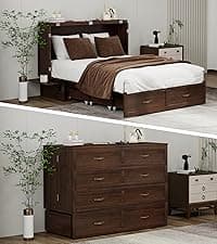 Murphy Bed Cabinet Full with Tri-Folding Mattress, Solid Wood Murphy Bed with 2 USB & 2 Charging Ports, Large Storage Drawer for Home Office or Small Space, Ebony Wood Color