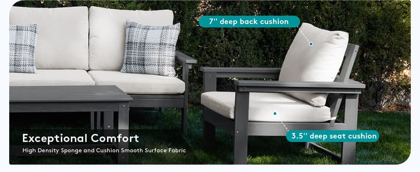 SERWALL HDPE Patio Furniture Set, 7-Piece Outdoor Sectional Sofa Set, All Weather Outdoor Couch Set for Deck, Lawn, Grey Frame with Khaki Cushion