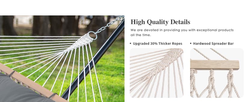 SUNCREAT Double Outdoor Hammock with Stand, Two Person Cotton Rope Hammock with Polyester Pad, Dark Gray