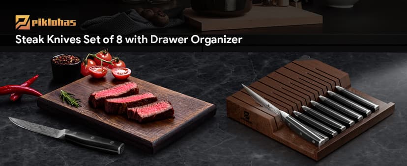 Steak Knives Set of 8 with Drawer Organizer Built-in Sharpener, 4.6 Inch Non Serrated Dinner Knife, Forged German Steel Damascus Pattern Straight Edge Meat Knife with Full Tang Handle, Black