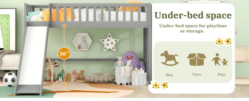 Bellemave Twin Size Loft Bed for Kids,Low Loft Bed with Slide and Ladder,Wood Loft Bed Twin for Girls Boys,Grey