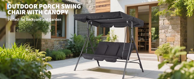 Outdoor Porch Swing Chair with Adjustable Canopy for Adults 3 Seat Glider Bench with Thickened Cushions Outside Patio Swing for Backyard Lawn Garden Black
