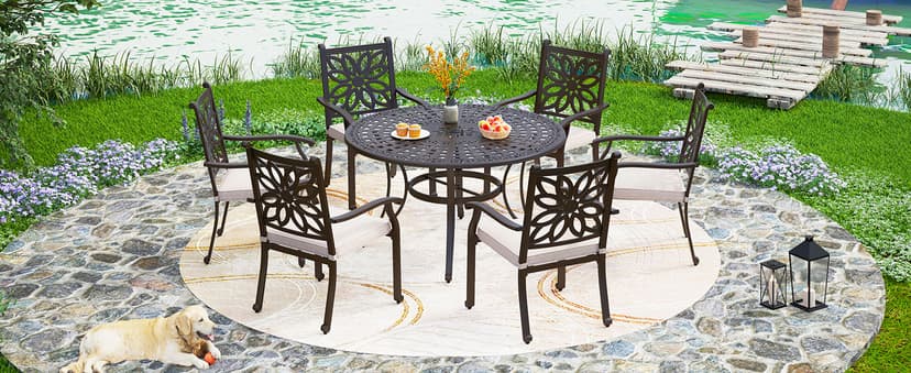 PHI VILLA Cast Aluminum Patio Dining Set for 6 Person, 7 Piece Outdoor Patio Set with 54" Dia Cast-Top Aluminum Table(2.1" Umbrella Hole) and 6 Swivel Rockers Dining Chairs with Seat Cushions