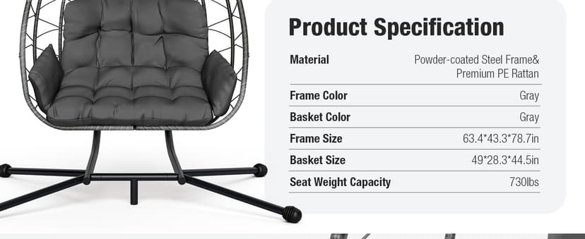 Pamapic Double Egg Chair wth Stand, 700 LBS Loveseat Rattan Swing Chair, UV Resistant Cushions with Armrests and Headrest, Thick Steel Frame Hammock Swing for Outdoor, Patio, Indoor(Grey)