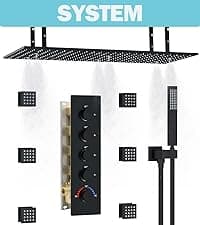 HOMEDEC 12inch Rain Shower System with Full Body Jets Sprays, Ceiling LED Brass Shower Faucet Set with 3 Functions Thermostatic Valve, Can Use All Function At Once