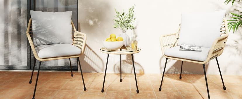 3 Pieces Outdoor Bistro Set, Bistro Set Outdoor with Glass Top Table, Patio Wicker Furniture Set 3 Piece, Rattan Conversation Set for Balcony, Lawn, Garden, Backyard, Poolside, Beige