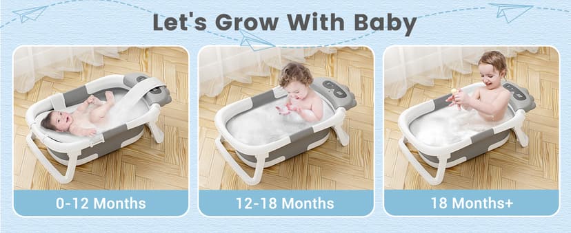 AVIDOR Baby Bathtub,Collapsible Bathtub for Newborn to Toddler,Durable Essential Infant Bath Tub,Portable Travel Baby Tub with Soft Bath Net,No-Slip Feet and Dinosaur Shaped (Grey)