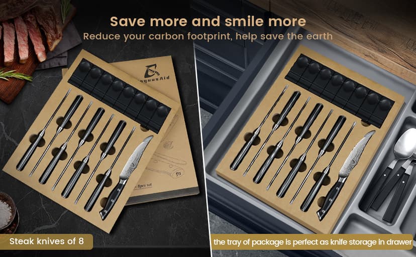 Steak Knives Set of 8, 4.8 Inch Straight Edge Ultra Sharp Durable Meat knives with Rest, High Carbon Stainless Steel Damascus Pattern Triple Rivet Handle, Ideal for Home Restaurant Party