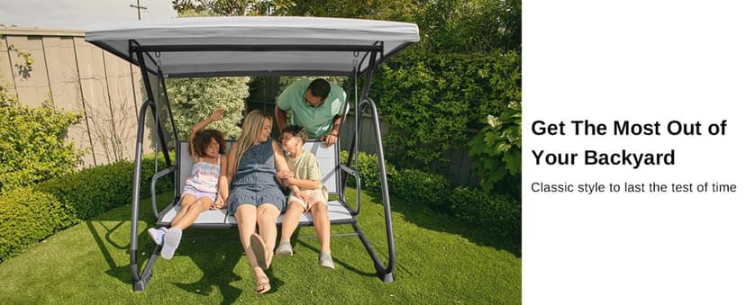 EAST OAK 3-Person Outdoor Patio Swing Chair with Adjustable Canopy, Porch Swing with Comfortable and Breathable Seats, Outdoor Swing Chairs for Garden, Balcony, Backyard, Charcoal Black