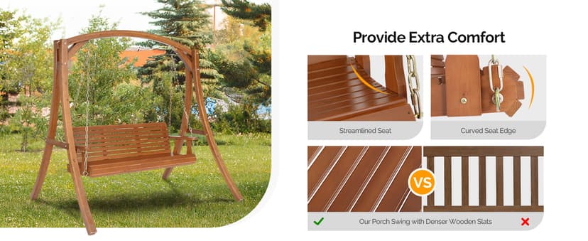 VINGLI Upgraded Patio Wooden Porch Swing for Courtyard & Garden, Heavy Duty 880 LBS Swing Chair Bench with Hanging Chains for Outdoors (Brown, 5 FT)