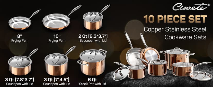 Whole Tri-ply 18/10 Stainless Steel Pot and Pan Set (10 Piece), Copper Pots and Pans Set with Stainless Steel Lid, Induction Cookware Set, Include Stock Pot, Saucepan, Frying Pan - Copper