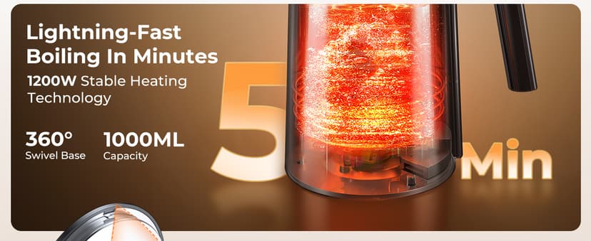 Electric Kettle 1.0L 1200W, 7 Temp Settings, 4H Keep-Warm, Fast-Boil Stainless Steel Electric Tea Kettle, 120V Water Boiler with Auto-Shut Off, Cool Touch PP Exterior for Home Office, Black