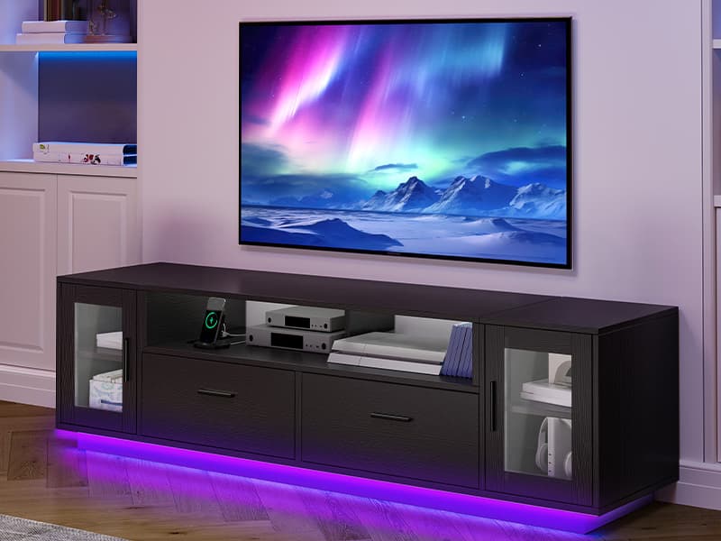 YITAHOME TV Stands for Living Room, Modern TV Stand for 65/70 inch TV, LED TV Entertainment Center with Storage & Power Outlets, TV Console Cabinet, Black