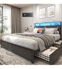 Lifezone Queen Bed Frame with 2-Tier Storage Headboard, Metal Platform Bed Frame with 4 Storage Drawers, Built in Charging Station & LED, Noise-Free/Metal Support/No Box Spring Needed, Vintage Brown