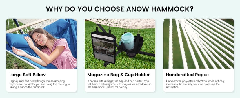 ANOW Double Hammock with Stand Included, Rope Hammock with Detachable Pillow and Pad for Outdoors Indoors, 450 LBS Weight Capacity, Blue