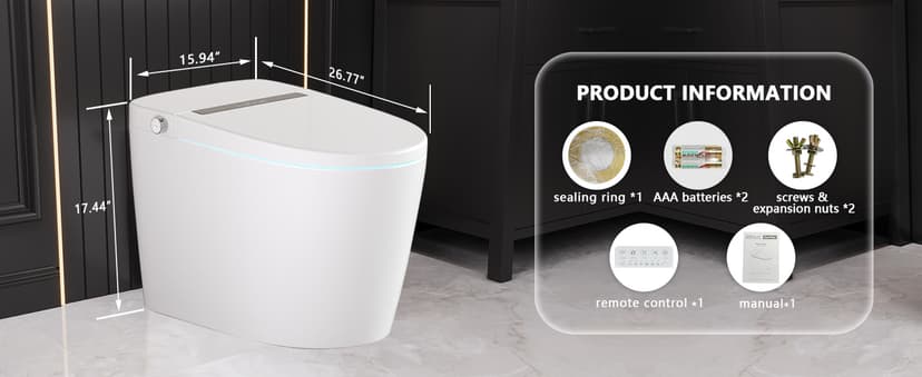 DeerValley Smart Bidet Toilet, One Piece Bidet Toilet for Bathrooms, Toilets with Auto Open/Close Lid, Heated Seat, Warm Dryer, Foot Sensor Operation, Night Light,Tankless Toilets with LED Display