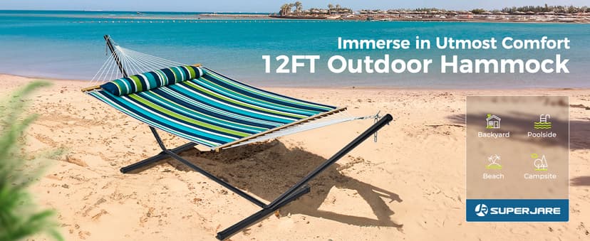 SUPERJARE Hammock with Stand, 2 Person Quilted Outdoor Hammock, Detachable Pillow & Bamboo Spreaders, Portable Hammock with Carrying Bag, Heavy Duty Stand, Perfect for Outside, Patio, Dark Cyan