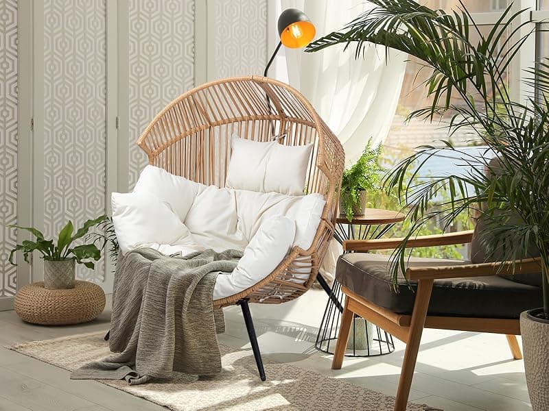 JAMFLY Egg Chair Wicker Outdoor Chairs, Oversized Patio Chair Oversized Lounger Chair with Cushion for Indoor Living Room, Bedroom, Outside Patio Backyard Balcony, Beige