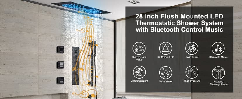 MONDAWE 28 Inch Flush-Mounted Thermostatic Shower System in Matte Black, 64 Colors LED and Bluetooth Control Music Rainfall Shower Head, Handheld Spray and Body Jets, High Pressure Shower Faucet Set