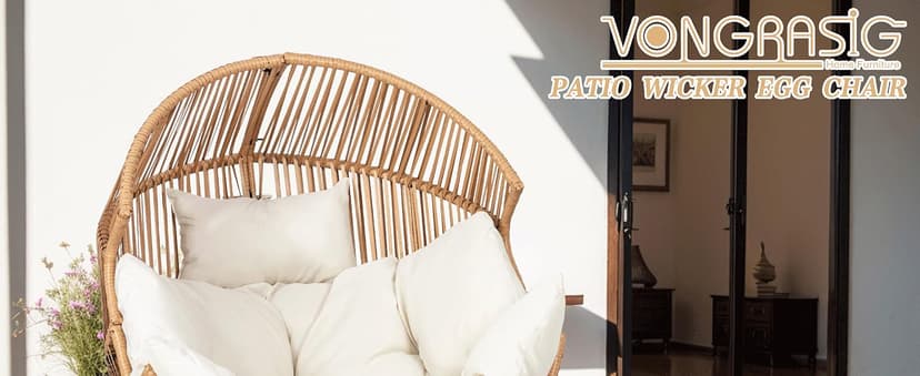 Vongrasig Wicker Egg Chair PE Rattan Rocking Chair with Cushion, Oversized Patio Lounge Rocker Chair for Outdoor, Indoor, Balcony, Backyard, Garden, Beige