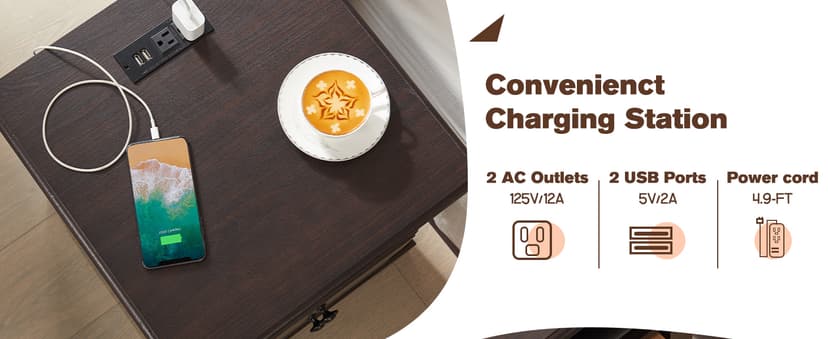 T4TREAM Nightstand with Charging Station, 18 Inch Vintage End Table with 2 Drawers for Living Room, Wood Rustic Sofa Side Table with Open Storage Shelf for Bedroom, Espresso