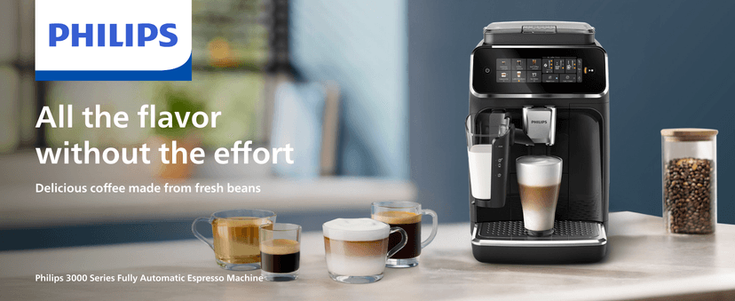 PHILIPS Series 3300 Fully Automatic Espresso Coffee Machine - 6 Hot & Iced Drinks, LatteGo Milk System, 40% Quieter SilentBrew, Ceramic Grinder, Aquaclean Filter, Glossy Black (EP3341/50)