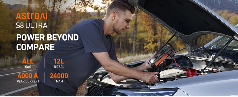 AstroAI S8 Ultra 4000A Jump Starter, 24000mAh Car Starter(All Gas, Up to 12L Diesel Engine), 12V Auto Battery Booster Pack, Jump Box with USB Quick Charge and DC/Type C Port, LED Light, Jumper Cable