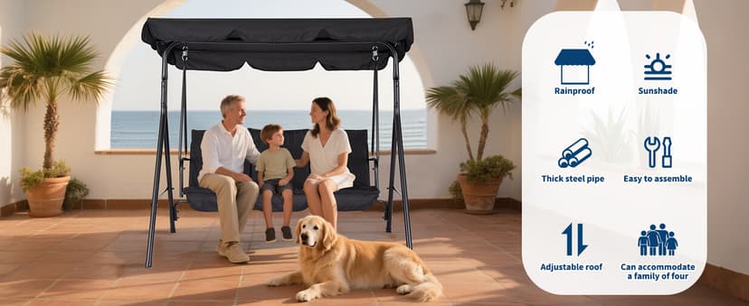 Outdoor Porch Swing Chair with Adjustable Canopy for Adults 3 Seat Glider Bench with Thickened Cushions Outside Patio Swing for Backyard Lawn Garden Black