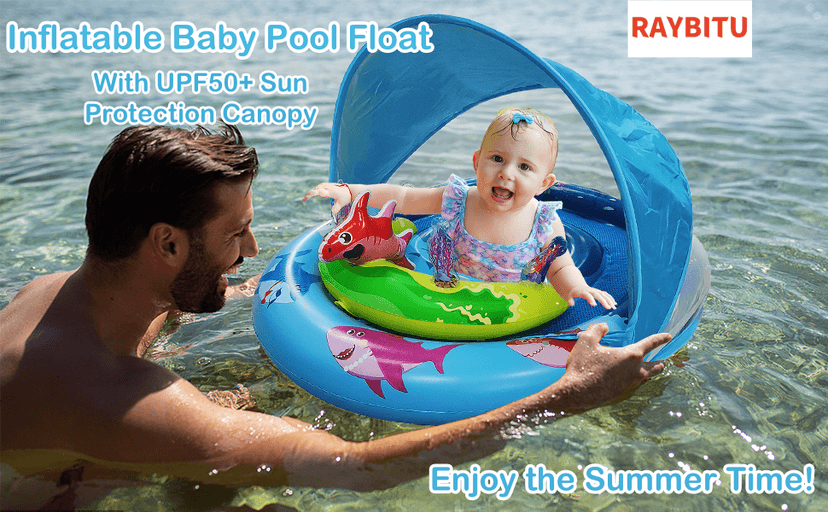 Inflatable Baby Pool Float with UPF50+ Sun Protection Canopy, Adjustable Safety Seat & Interactive Toy Play Console - Includes Ocean Animal Toys for Infants & Toddlers 3-36 Months