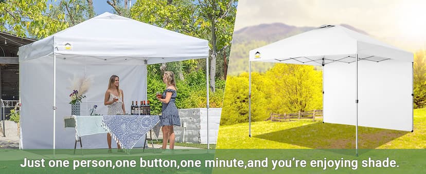 CROWN SHADES 10x10 Pop Up Canopy with 1 Side Wall - Beach Tent with One Push Setup - Outdoor Sun Shade for Events, Parties, Camping - Gazebo with STO-N-Go Cover Bag (White)