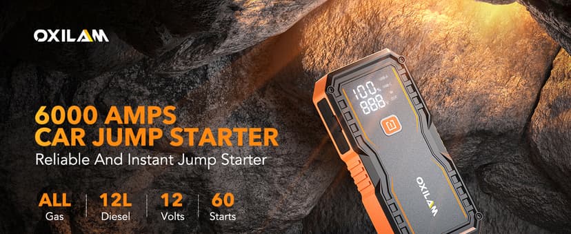OXILAM Jump Starter 6000A for All Gas/12L Diesel, Car Battery Jumper Starter Portable, 12V Lithium Jump Box with Jumper Cables, LED Display, LED Light, Power Bank with USB, Type C Port